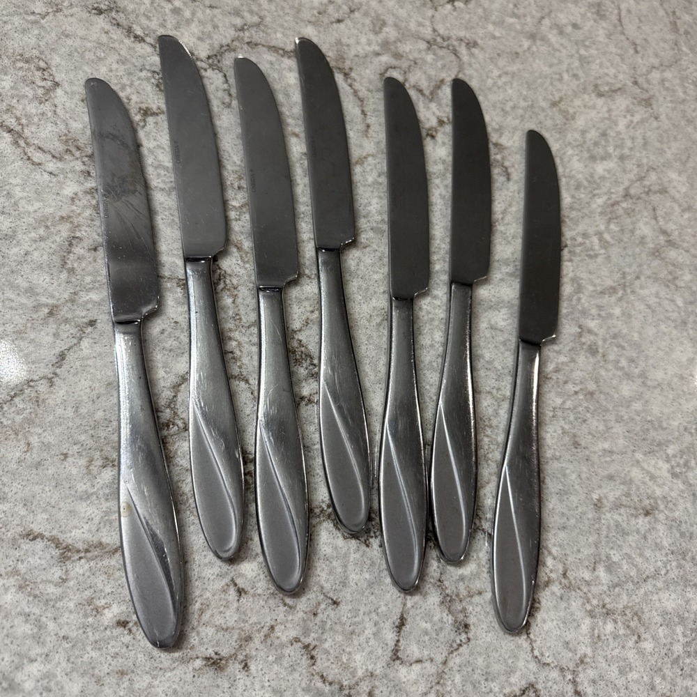 Set of 7 Oneida SIMMER Stainless Glossy Frosted Swirl Dinner Knife Knives 9.5 In